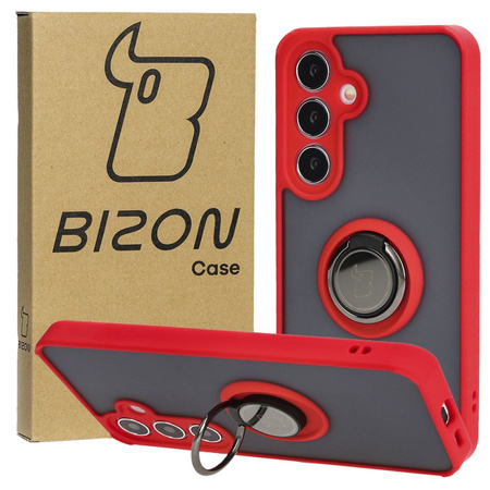 Etui z uchwytem na palec Bizon Case Hybrid Ring do Galaxy S25 / S24, przydymione z czerwoną ramką