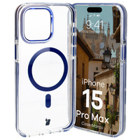 Etui z pierścieniem magnetycznym Bizon Case Marco do iPhone 15 Pro Max, przezroczyste z niebieską ramką