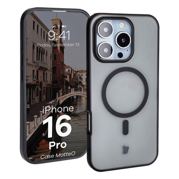 Etui z pierścieniem magnetycznym Bizon Case MatteO do iPhone 16 Pro, półprzezroczyste z czarną ramką