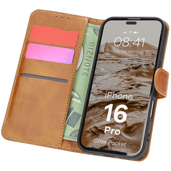 Etui z klapką Bizon Case Pocket do iPhone 16 Pro, brązowe
