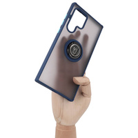 Etui z uchwytem na palec Bizon Case Hybrid Ring do Galaxy S22 Ultra, przydymione z granatową ramką