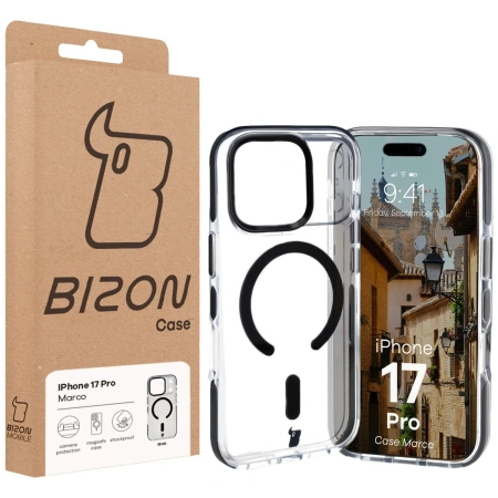 Etui z pierścieniem magnetycznym Bizon Case Marco do iPhone 17 Pro, przezroczyste z czarną ramką