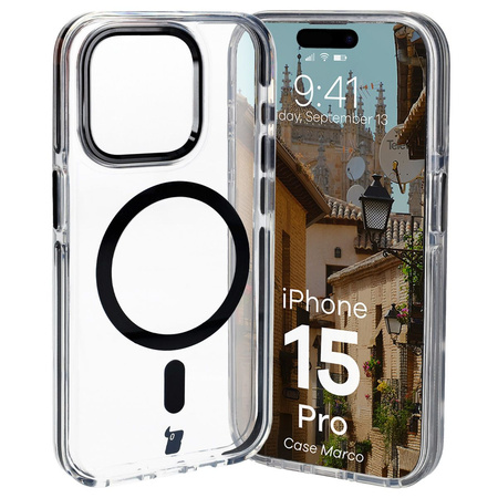 Etui z pierścieniem magnetycznym Bizon Case Marco do iPhone 15 Pro, przezroczyste z czarną ramką