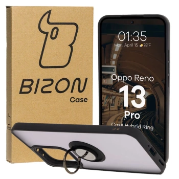 Etui z uchwytem na palec Bizon Case Hybrid Ring do Oppo Reno13 Pro, przydymione z czarną ramką