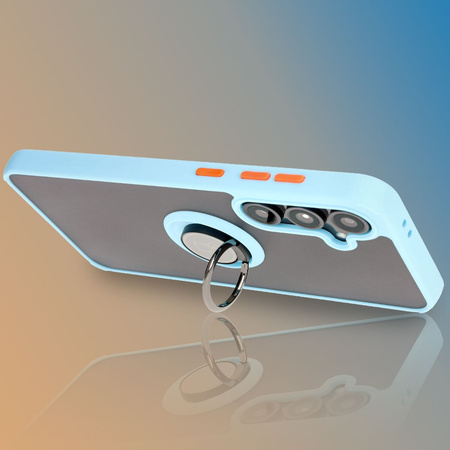 Etui z uchwytem na palec Bizon Case Hybrid Ring do Galaxy S24 FE, przydymione z jasnoniebieską ramką