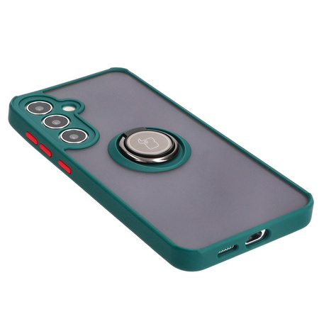 Etui z uchwytem na palec Bizon Case Hybrid Ring do Galaxy S25 Plus / S24 Plus, przydymione z ciemnozieloną ramką