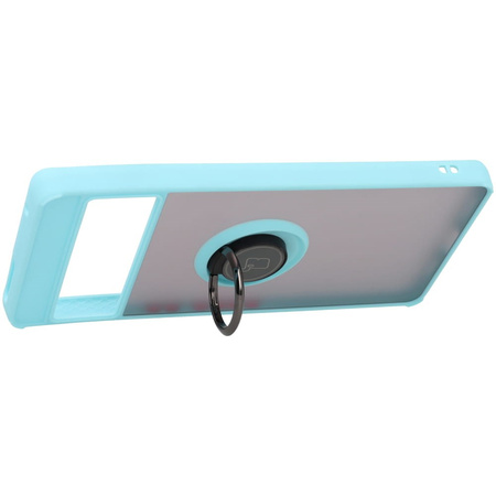 Etui z uchwytem na palec Bizon Case Hybrid Ring do Google Pixel 7 Pro, przydymione z jasnoniebieską ramką
