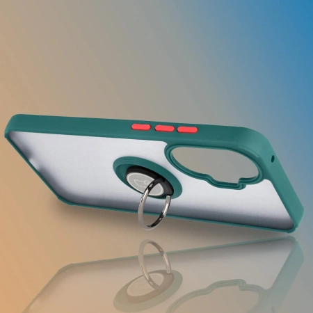 Etui z uchwytem na palec Bizon Case Hybrid Ring do Xiaomi POCO F7, przydymione z ciemnozieloną ramką