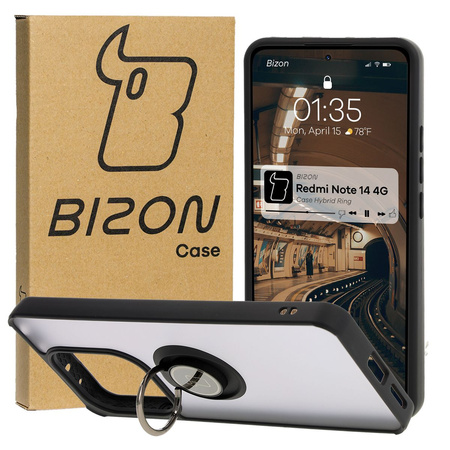 Etui z uchwytem na palec Bizon Case Hybrid Ring do Xiaomi Redmi Note 14 4G, przydymione z czarną ramką