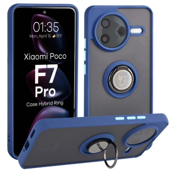 Etui z uchwytem na palec Bizon Case Hybrid Ring do Xiaomi POCO F7 Pro, przydymione z granatową ramką