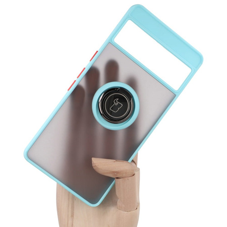 Etui z uchwytem na palec Bizon Case Hybrid Ring do Google Pixel 7 Pro, przydymione z jasnoniebieską ramką