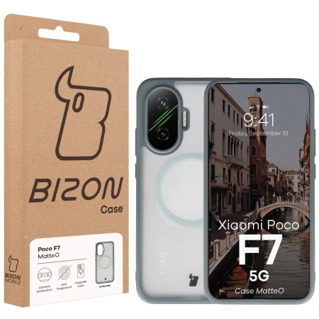 Etui z pierścieniem magnetycznym Bizon Case MatteO do Xiaomi POCO F7, przydymione-szare