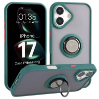Etui z uchwytem na palec Bizon Case Hybrid Ring do iPhone 17, przydymione z ciemnozieloną ramką