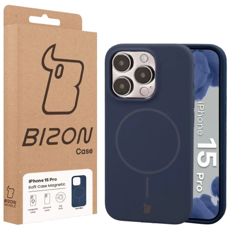 Silikonowe etui z pierścieniem magnetycznym Bizon Soft Case Magnetic do iPhone 15 Pro, granatowe