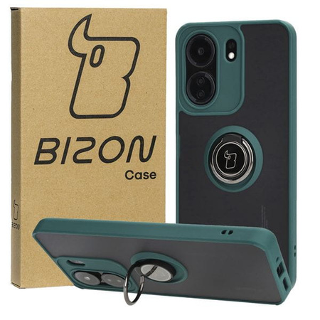 Etui z uchwytem na palec Bizon Case Hybrid Ring do Xiaomi Redmi 13C / Xiaomi Poco C65, przydymione z ciemnozieloną ramką