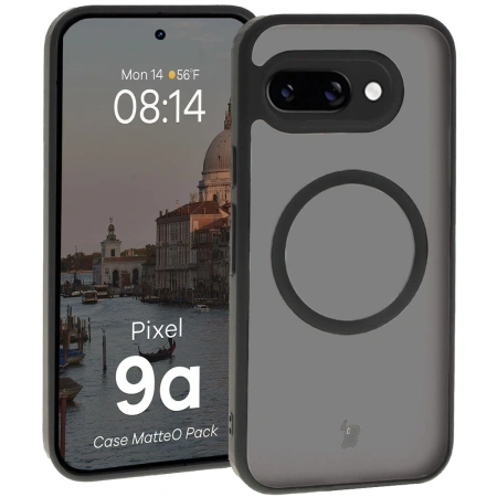 Etui z pierścieniem magnetycznym + szkło hartowane Bizon MatteO Pack do Google Pixel 9a, przydymione-czarne