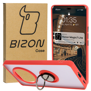 Etui z uchwytem na palec Bizon Case Hybrid Ring do Honor Magic7 Lite, przydymione z czerwoną ramką