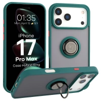 Etui z uchwytem na palec Bizon Case Hybrid Ring do iPhone 17 Pro Max, przydymione z ciemnozieloną ramką
