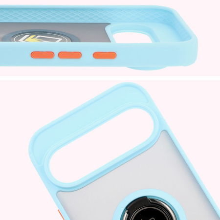 Etui z uchwytem na palec Bizon Case Hybrid Ring do Google Pixel 9 / 9 Pro, przydymione z jasnoniebieską ramką