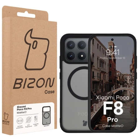 Etui z pierścieniem magnetycznym Bizon Case MatteO do Xiaomi POCO F8 Pro, przydymione-czarne