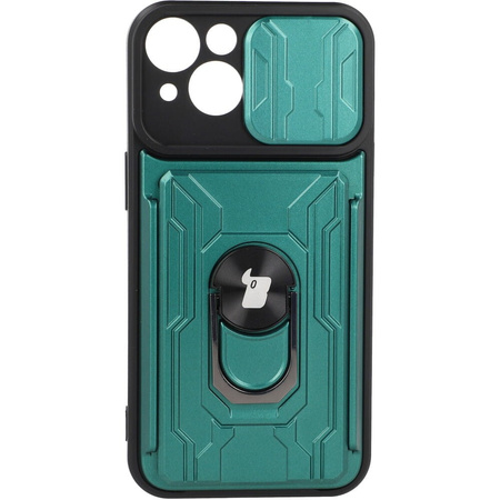 Etui Bizon Case Camshield Card Slot Ring do iPhone 14, zielone