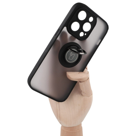 Etui z uchwytem na palec Bizon Case Hybrid Ring do iPhone 14 Pro, przydymione z czarną ramką