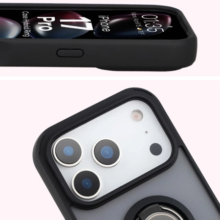 Etui z uchwytem na palec Bizon Case Hybrid Ring do iPhone 17 Pro, przydymione z czarną ramką