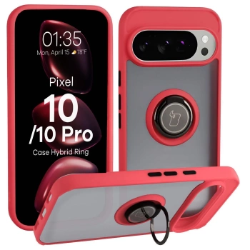 Etui z uchwytem na palec Bizon Case Hybrid Ring do Google Pixel 10 / 10 Pro, przydymione z czerwoną ramką