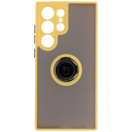 Etui z uchwytem na palec Bizon Case Hybrid Ring do Galaxy S23 Ultra, przydymione z żółtą ramką