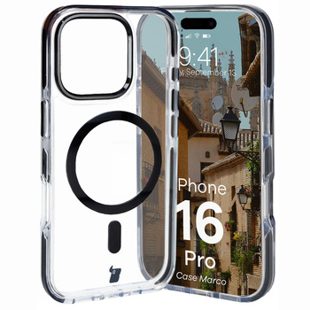 Etui z pierścieniem magnetycznym Bizon Case Marco do iPhone 16 Pro, przezroczyste z czarną ramką