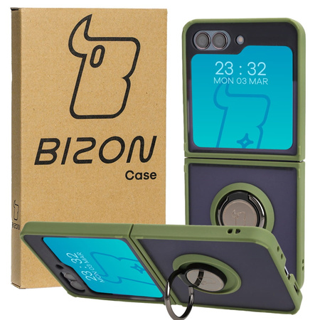 Etui z uchwytem na palec Bizon Case Hybrid Ring do Galaxy Z Flip5, przydymione z zieloną ramką