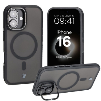 Etui z podstawką i pierścieniem magnetycznym Bizon Case Eclipse do iPhone 16,  przydymione z czarną ramką