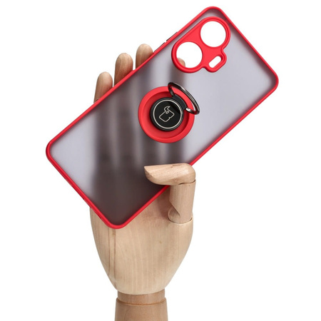 Etui z uchwytem na palec Bizon Case Hybrid Ring do Realme C55, przydymione z czerwoną ramką