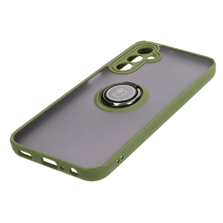 Etui z uchwytem na palec Bizon Case Hybrid Ring do Galaxy A24 4G, przydymione z zieloną ramką