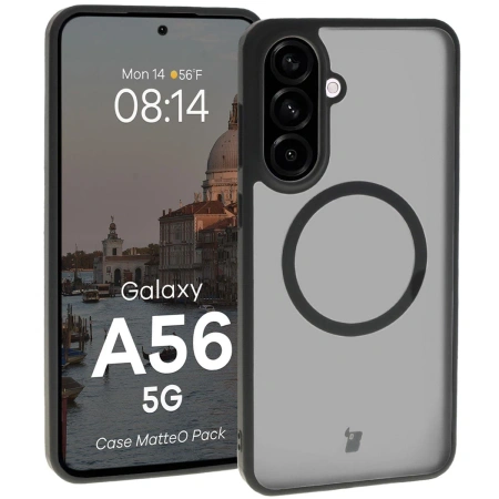 Etui z pierścieniem magnetycznym + szkło hartowane Bizon MatteO Pack do Galaxy A56 5G, przydymione-czarne