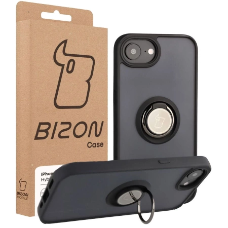 Etui z uchwytem na palec Bizon Case Hybrid Ring do iPhone 16e, przydymione z czarną ramką