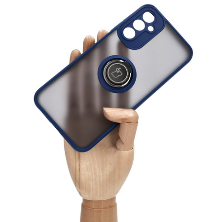 Etui z uchwytem na palec Bizon Case Hybrid Ring do Galaxy A14 4G / 5G, przydymione z granatową ramką
