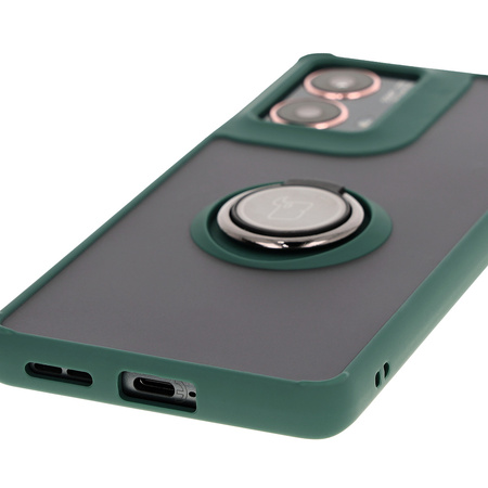 Etui z uchwytem na palec Bizon Case Hybrid Ring do Motorola Moto G85 5G, przydymione z ciemnozieloną ramką