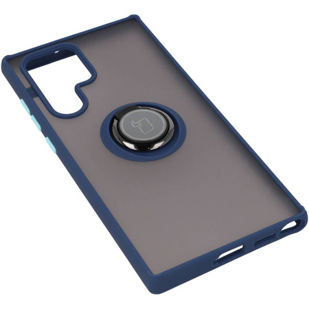 Etui z uchwytem na palec Bizon Case Hybrid Ring do Galaxy S22 Ultra, przydymione z granatową ramką