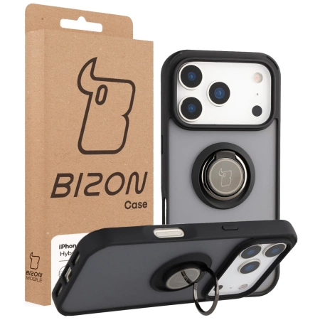 Etui z uchwytem na palec Bizon Case Hybrid Ring do iPhone 17 Pro, przydymione z czarną ramką