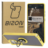 Etui z uchwytem na palec Bizon Case Hybrid Ring do Galaxy S25 Ultra, przydymione z żółtą ramką