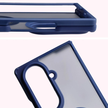 Etui z uchwytem na palec Bizon Case Hybrid Ring do Galaxy Z Fold7, przydymione z ciemnoniebieską ramką
