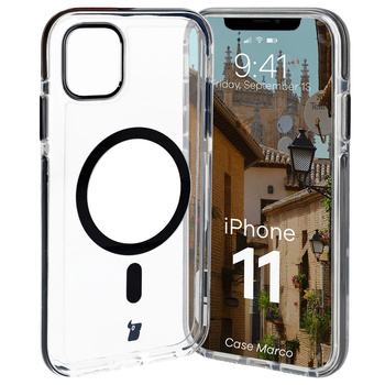 Etui z pierścieniem magnetycznym Bizon Case Marco do iPhone 11, przezroczyste z czarną ramką