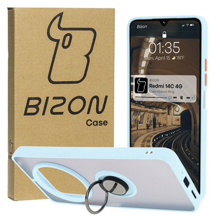 Etui z uchwytem na palec Bizon Case Hybrid Ring do Xiaomi Redmi 14C 4G / POCO C75, przydymione z jasnoniebieską ramką