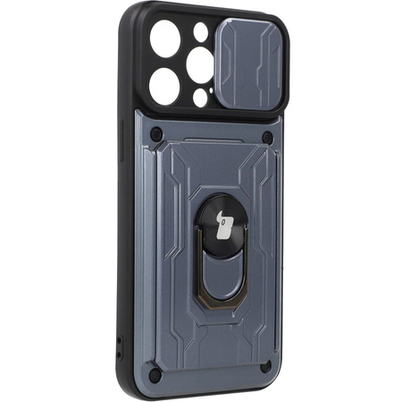 Etui Bizon Case Camshield Card Slot Ring do iPhone 14 Pro Max, szare