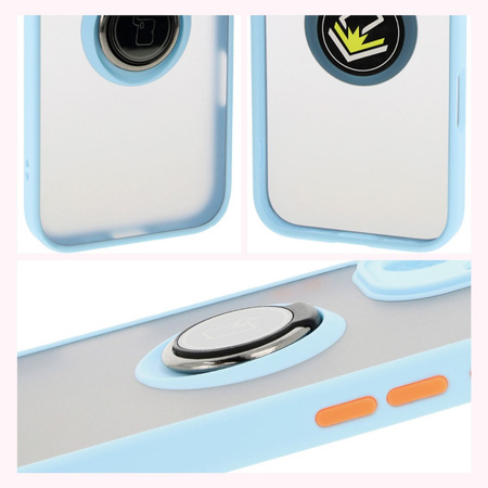 Etui z uchwytem na palec Bizon Case Hybrid Ring do iPhone 16, przydymione z jasnoniebieską ramką