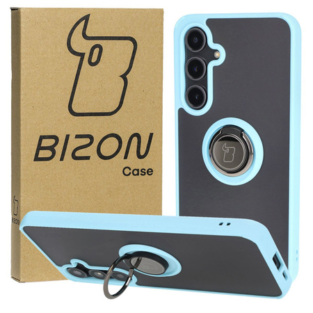 Etui z uchwytem na palec Bizon Case Hybrid Ring do Galaxy S24 FE, przydymione z jasnoniebieską ramką