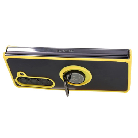 Etui z uchwytem na palec Bizon Case Hybrid Ring do Galaxy Z Fold5, przydymione z żółtą ramką
