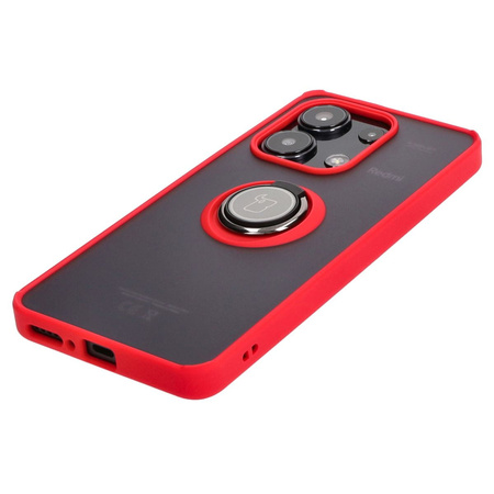Etui z uchwytem na palec Bizon Case Hybrid Ring do Xiaomi Redmi Note 13 4G, przydymione z czerwoną ramką