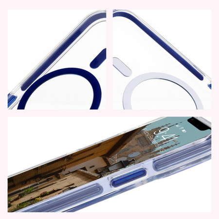 Etui z pierścieniem magnetycznym Bizon Case Marco do iPhone 13 Pro, przezroczyste z niebieską ramką